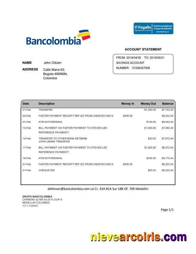 Colombia Bancolombia bank statement
